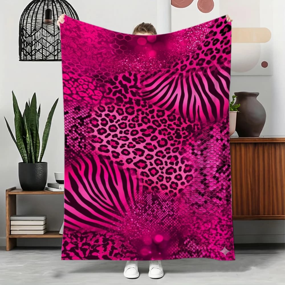 Throw Blanket Hot Pink Leopard Zebra Animal Print Patchwork Soft Cozy Bed Couch Blankets Y2K Aesthetic Room Decor Birthday Gift
