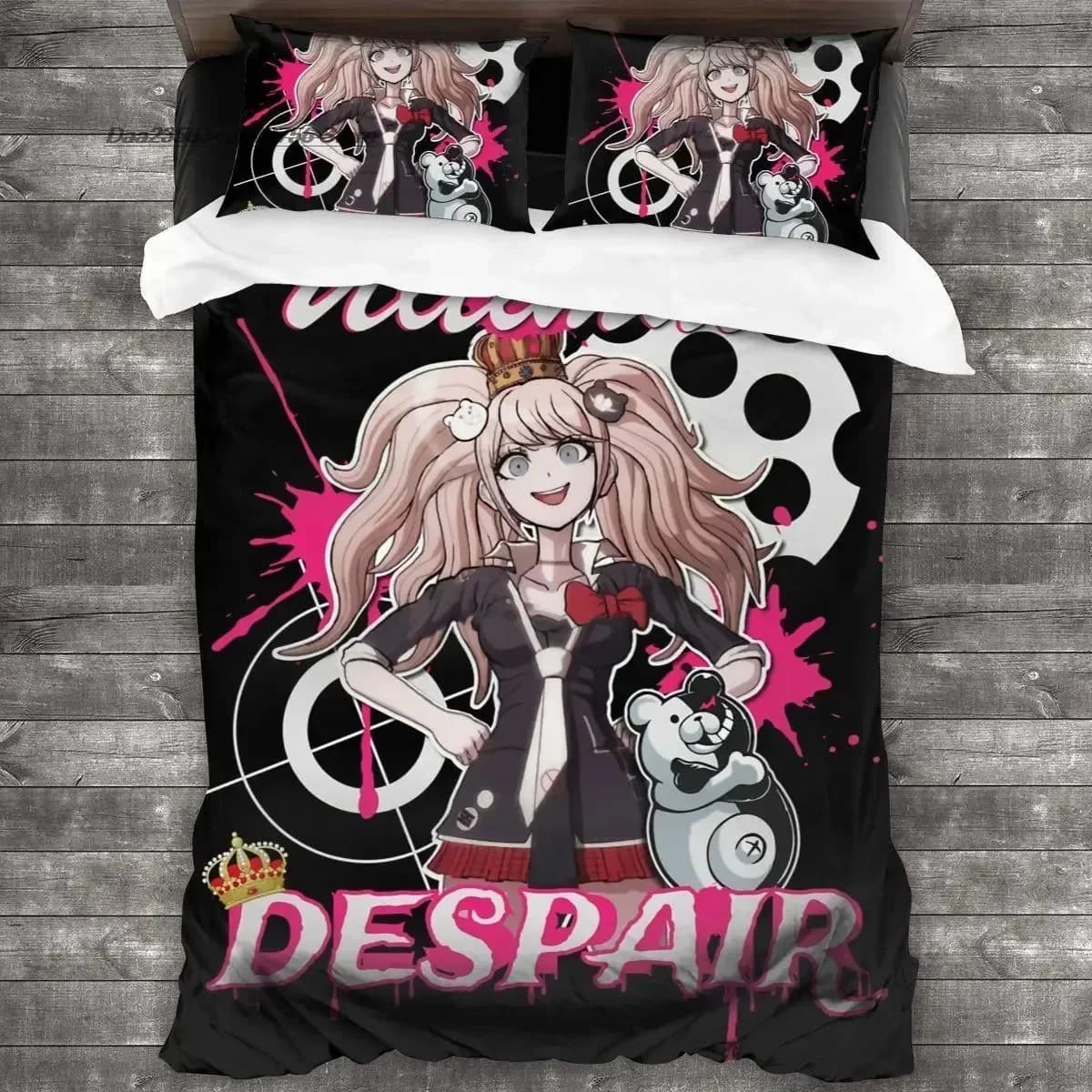 Set Letto 3D con Stampa Cartoni Animati Danganronpa Monokuma, Copripiumino, Federe, Set Biancheria da Letto, Lenzuola, Coperta, Misure Full Queen King