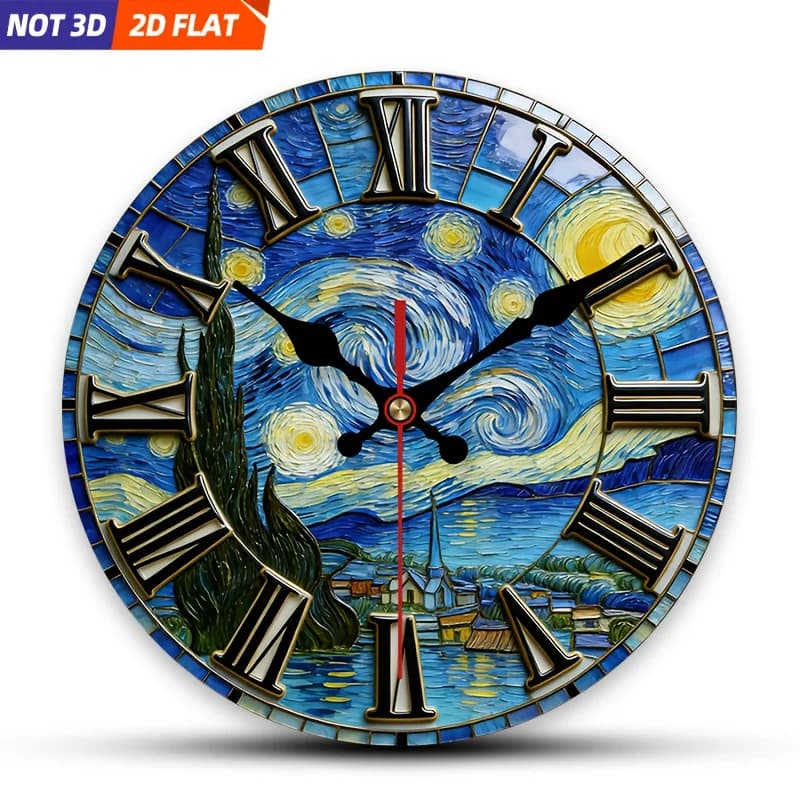 2D Piatto. 1 pezzo. Orologio da Parete a Tema Notte Stellata di Van Gogh, Orologio Decorativo Silenzioso, Orologio da Parete Creativo, Decorazione Adatta per la Camera da Letto