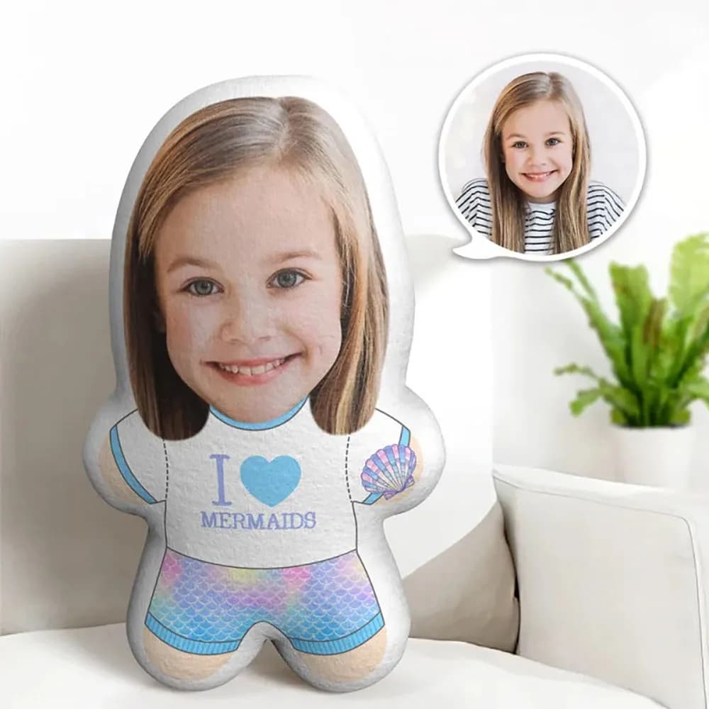 Cuscino Personalizzato con Volto 'I Love Mermaids', Bambola Minime Personalizzata con Foto, Giocattoli Imbottiti