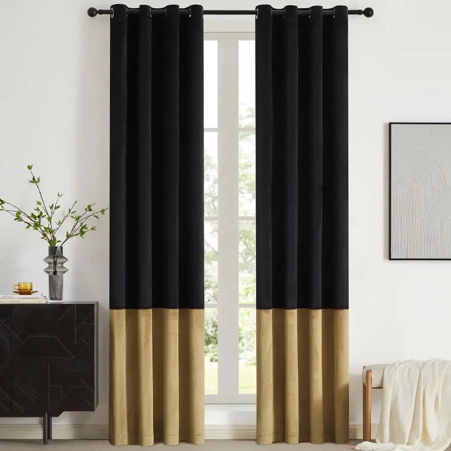 Tende a Pannello Color Block Oro Nero 84 Pollici Lunghe in Velluto Stile Rustico per Camera da Letto Soggiorno Oscuranti