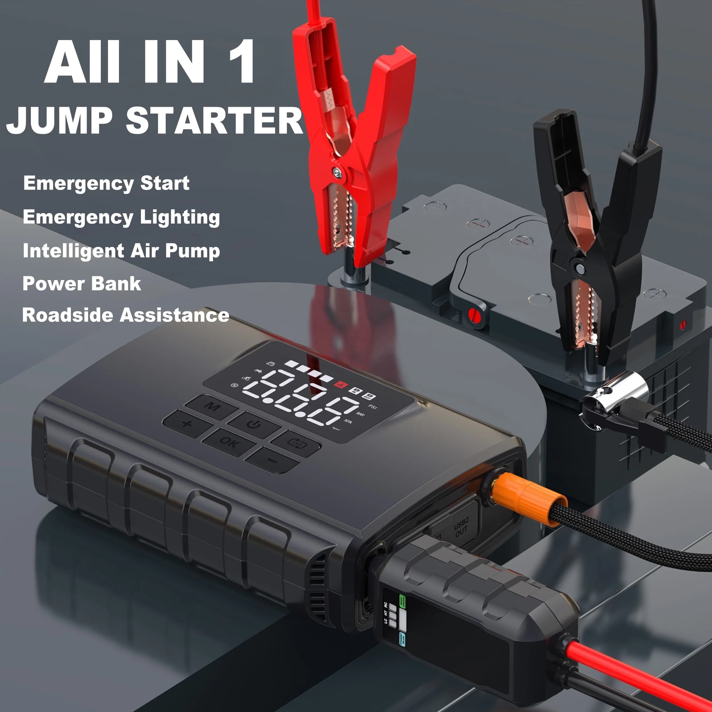 Vendita calda 12000mAh 1500A 44.4Wh Power Bank Pompa di gonfiaggio pneumatici Auto portatile Jump Starter Pack con compressore d'aria