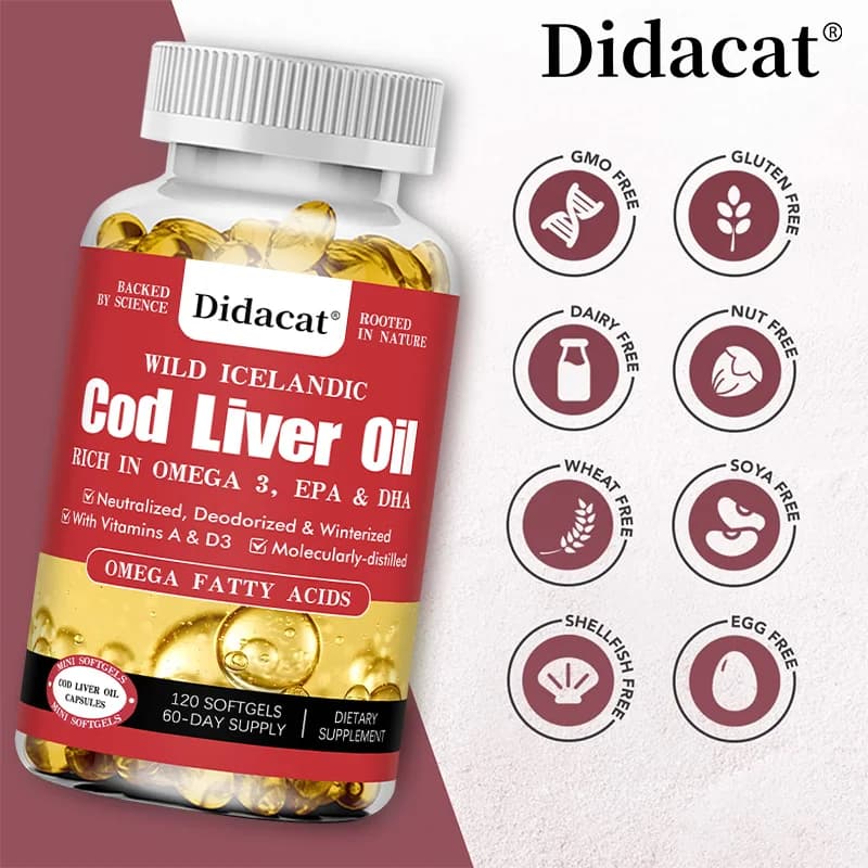 Soft cod liver oil capsules with Omega 3 fish, EPA, DHA, vitamin D3 and A - Capsules without burns for heart, joints, brain and immune support