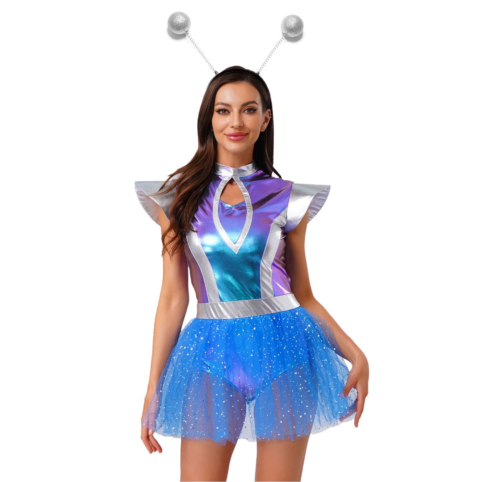 Costume da Astronauta Alieno per Donna, Tuta con Gonna in Tulle Metallizzato Lucido, Abito Tutu con Copricapo, Travestimento da Robot Spaziale per Halloween