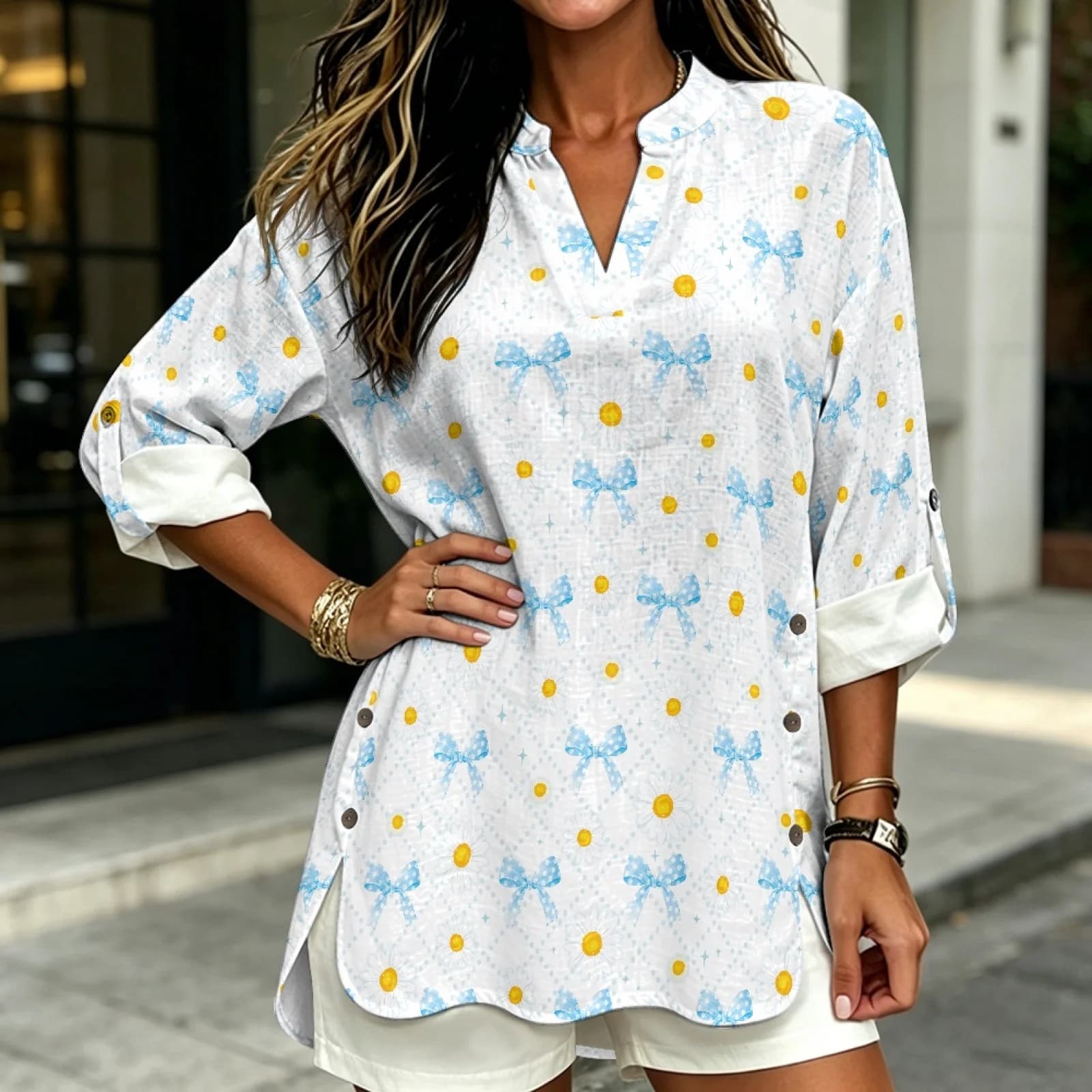 PENSTROLL Daisy Blue Bow Print Linen Like Long Sleeve Tops Casual Blouses for Women Roll-Up Long Sleeve Casual Loose Fit Blouses