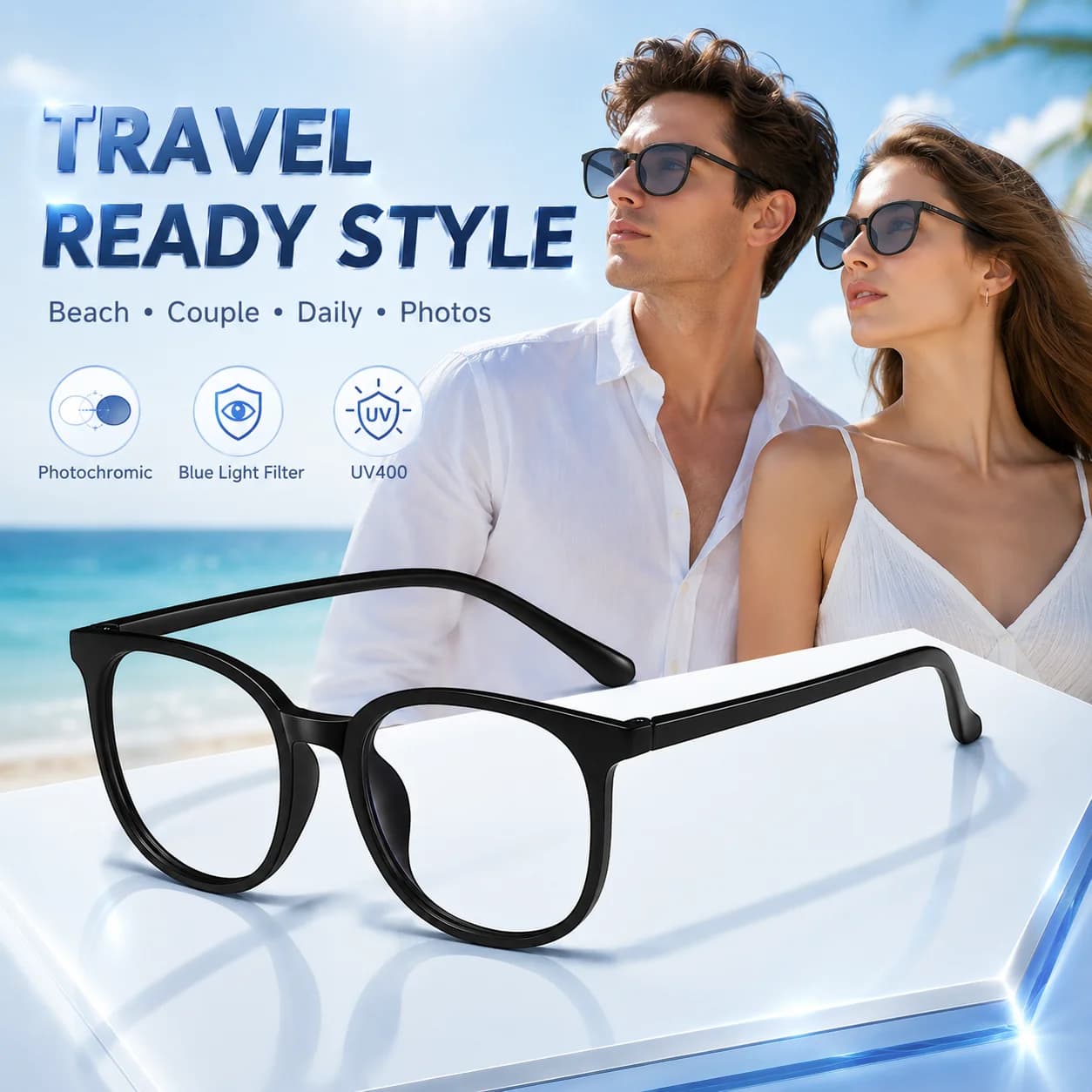 COOLMEN Adaptive Tint Glasses UV400 Blue Light Blocking Retro Round Eyewear 19g Lightweight for Travel Beach Couple Daily Wear