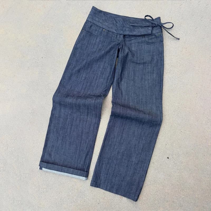 Jeans Harajuku Trendy a Vita Bassa con Cintura Annodata, Pantaloni in Denim Stile Giapponese Y2K Retro Casual Streetwear Unisex Baggy