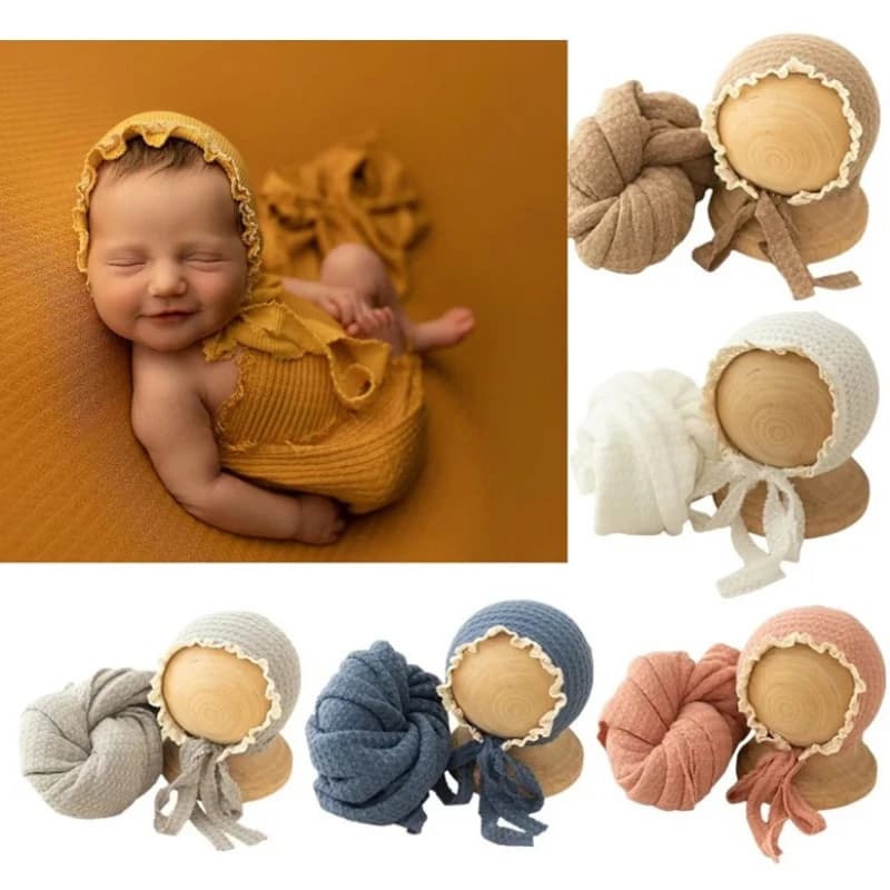 Knitted Baby Cap Lace Girl Hat for Boy + Elastic Wrap Punches for photo newborn Cover for photo shoot with hood