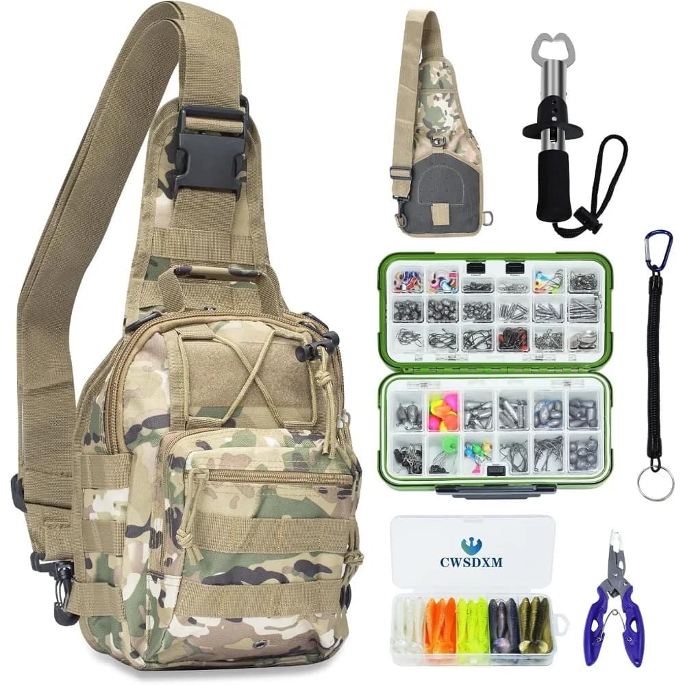 Kit Completo di Attrezzi da Pesca da 358 Pezzi con Zaino e Scatola Porta Attrezzi per Pescatori, Inclusi Esche, Ami, Piombi e Pinze