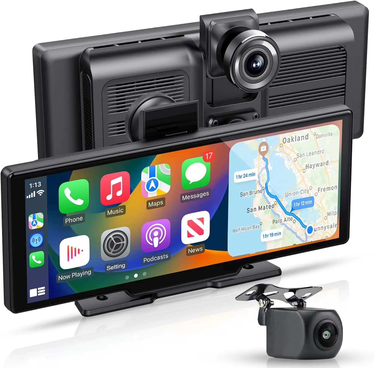10.26 Inch Portable CarPlay Screen with Dash Cam Front and Rear Camera Monitor Universal Carplay Wireless and Android Auto