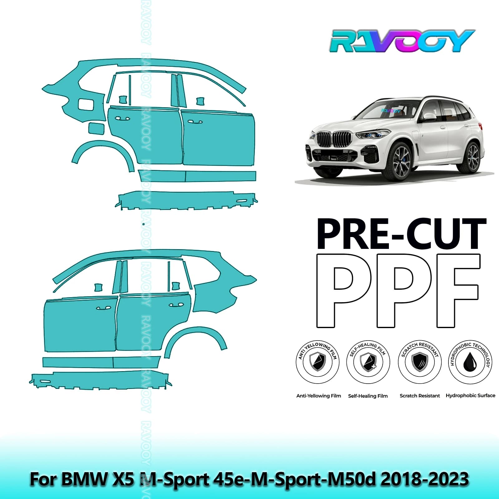 For BMW X5 M-Sport 45e-M-Sport-M50d 2018-2023 8.5mil Transparent Pre-Cut PPF Door and Pillar A/B Kit TPU Paint Protection Film Set