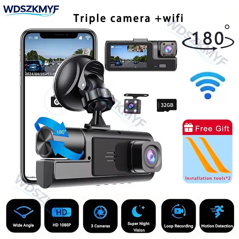 Registratore DVR per Auto a 3 Canali con 2/3 Obiettivi HD 1080p WIFI, Telecamera Interna a Tre Vie, Videocamera per Auto, Registrazione Video, Dashcam, Videocamera, Regalo