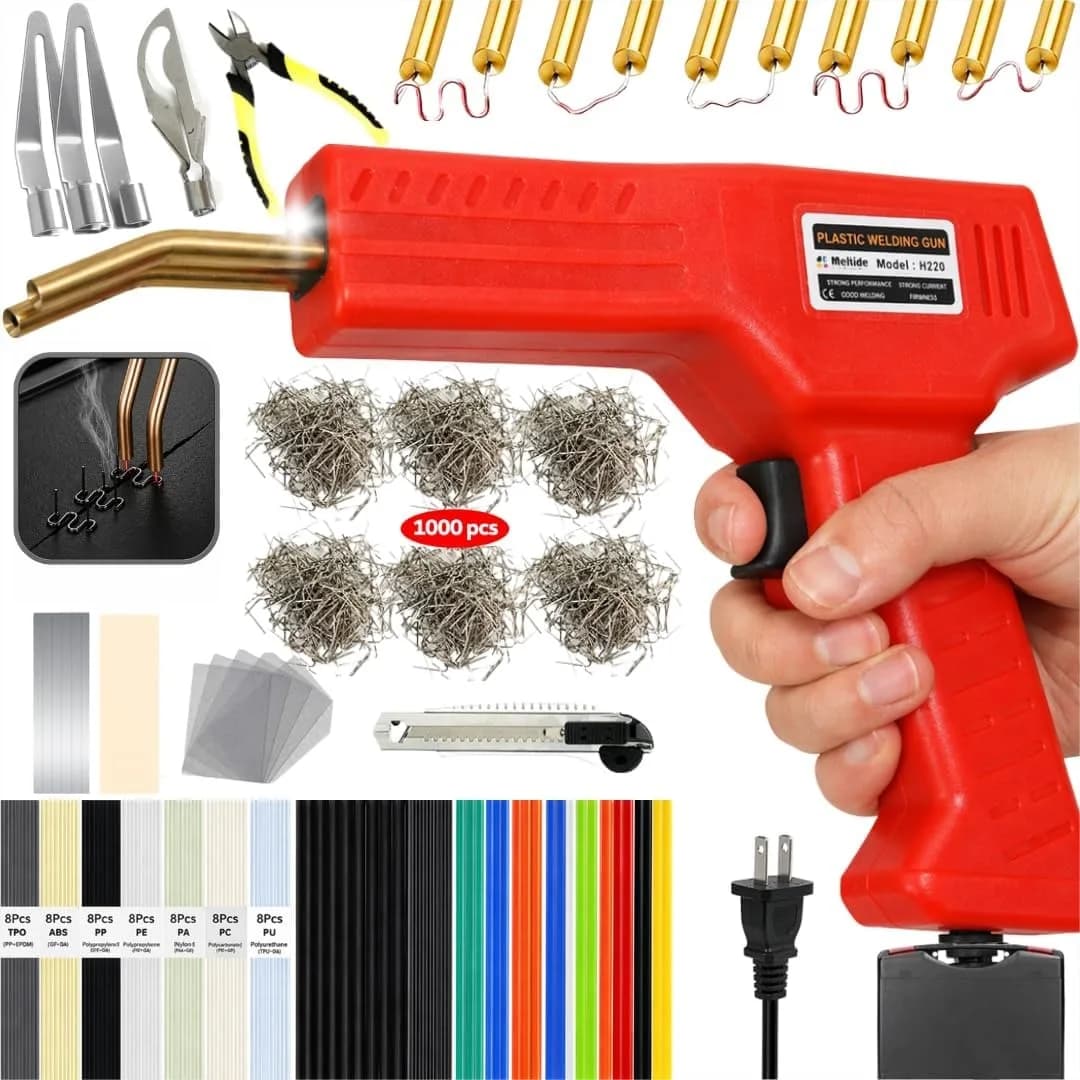 Kit Saldatore per Plastica da 220W per Riparazione Paraurti Auto, Saldatrice e Graffettatrice a Caldo 2-in-1, Ripara Plastica Danneggiata, con 1000 Graffette e 100