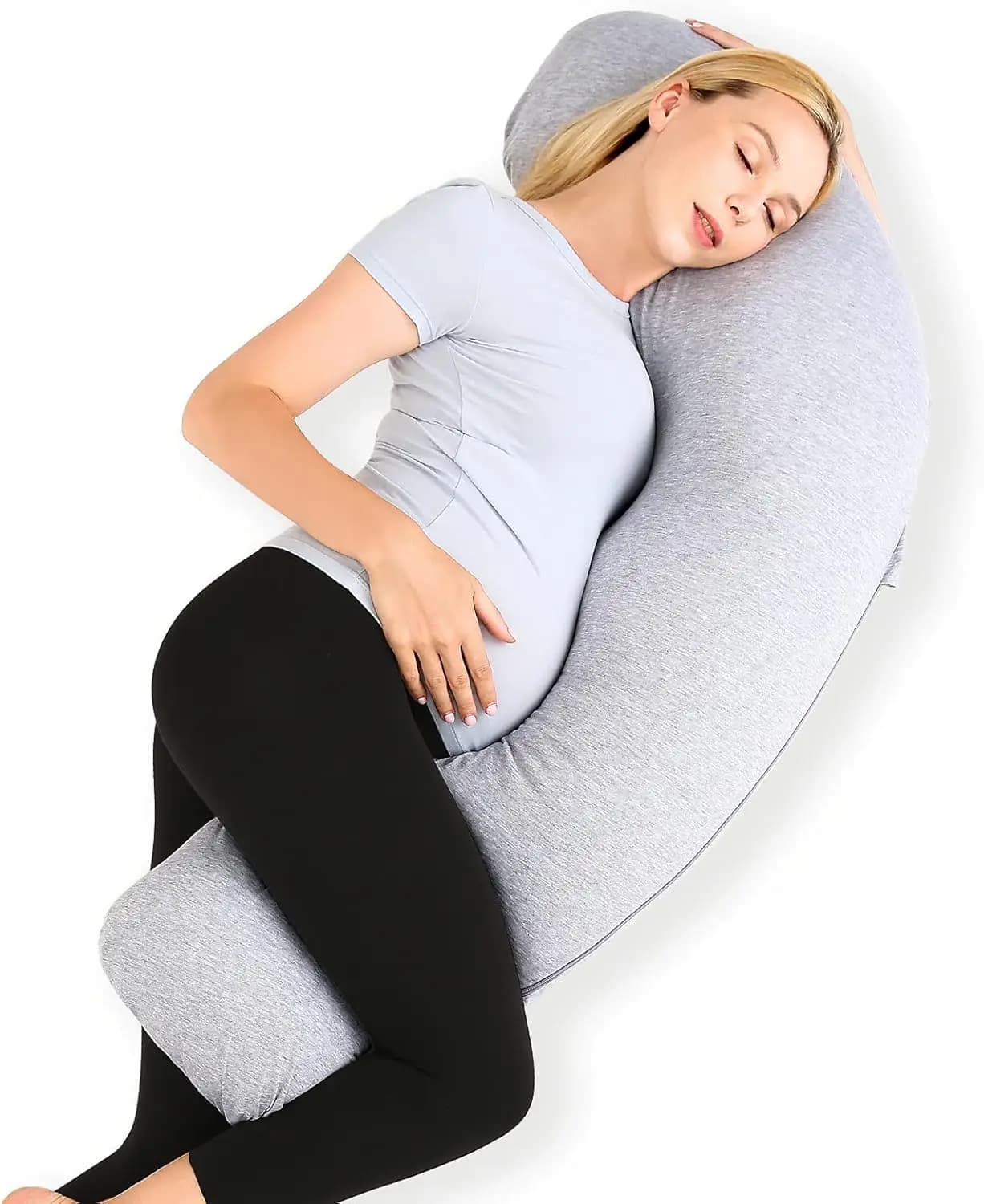 J-shaped Pregnancy Cushion for Sleeping on Flank, Soft Head Support, Neck and Bread with Coating in Jersey, Grey