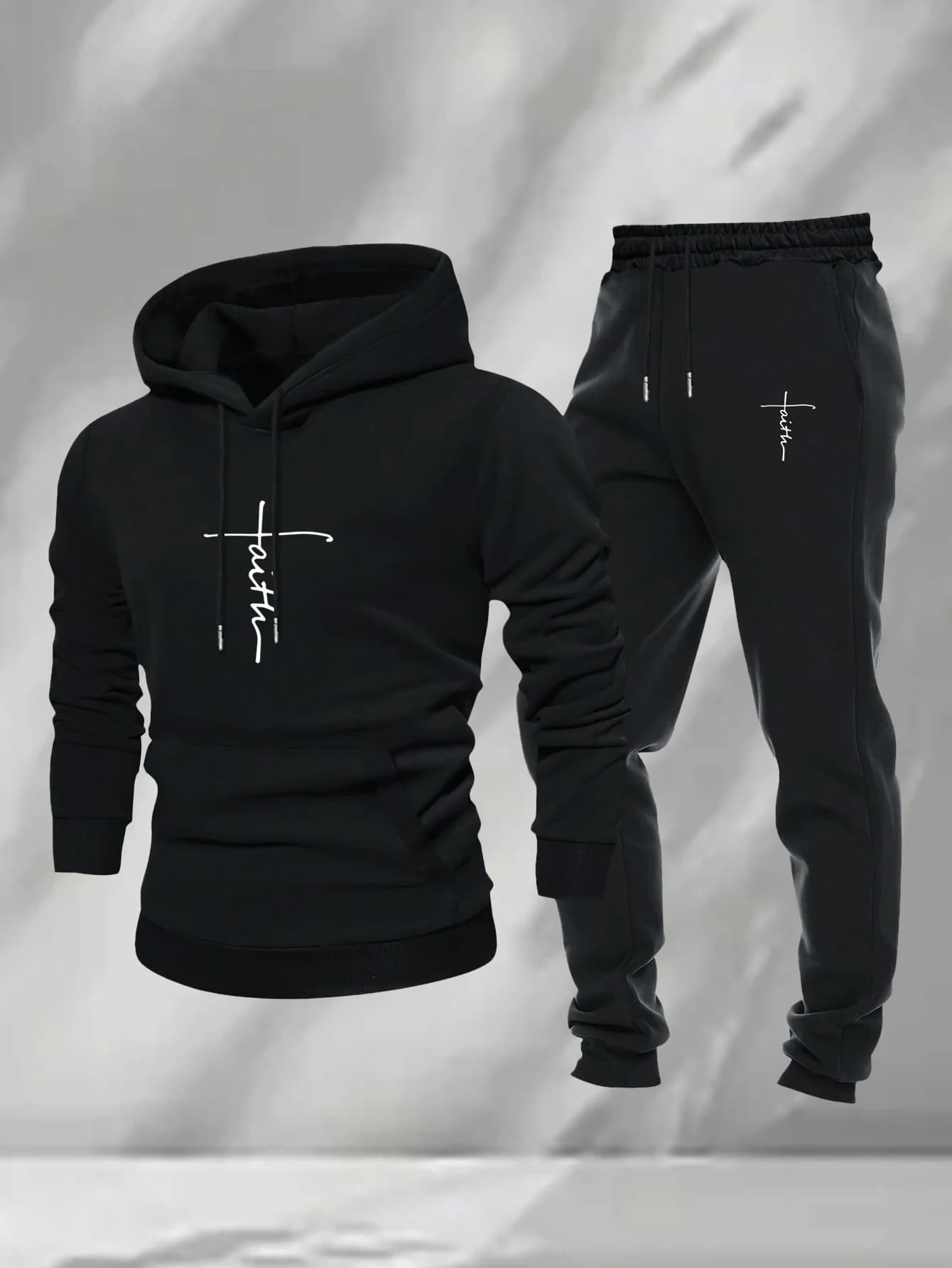 Men 2Pcs Faith Cross Graphic Hoodie Sweatpants Set Polyester Loose Autumn Street Casual Sport Tracksuit Male
