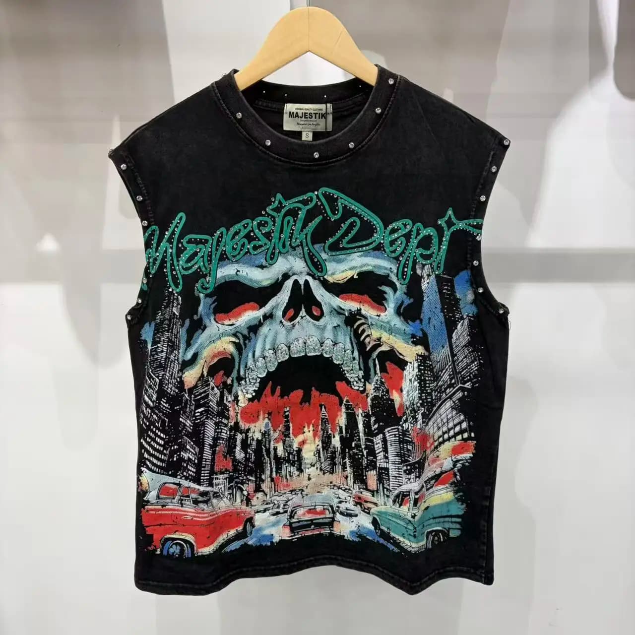 Canotta Estiva da Uomo Lavata con Stampa Teschio Divertente e Strass, Senza Maniche, Oversize, Stile Vintage Streetwear, in Cotone, Nera