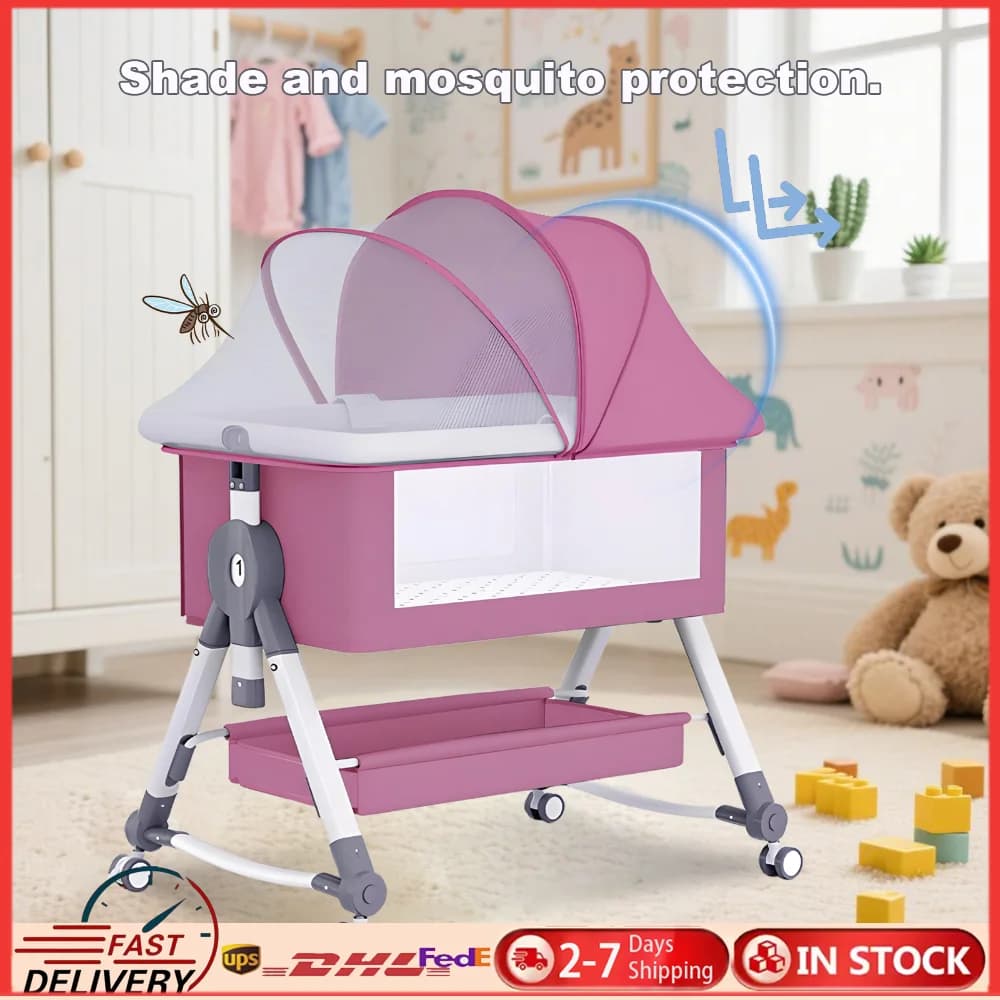 Culla per Neonati da Affiancare al Letto, Dondolo Pieghevole Facile da Montare, Culla Co-Sleeping con Ruote Regolabili in Altezza per Neonati e Bambini