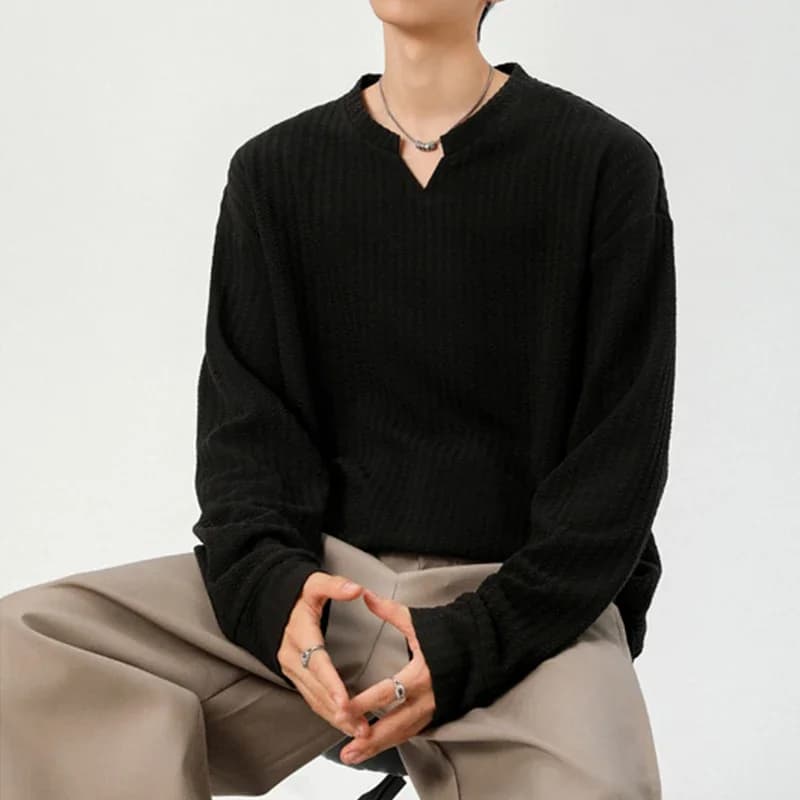 Autumn Male V Notch Neck Long Sleeve Top Vertical Striped Woven Fabric Relaxed Cut Urban Travel Daily Commute Garment