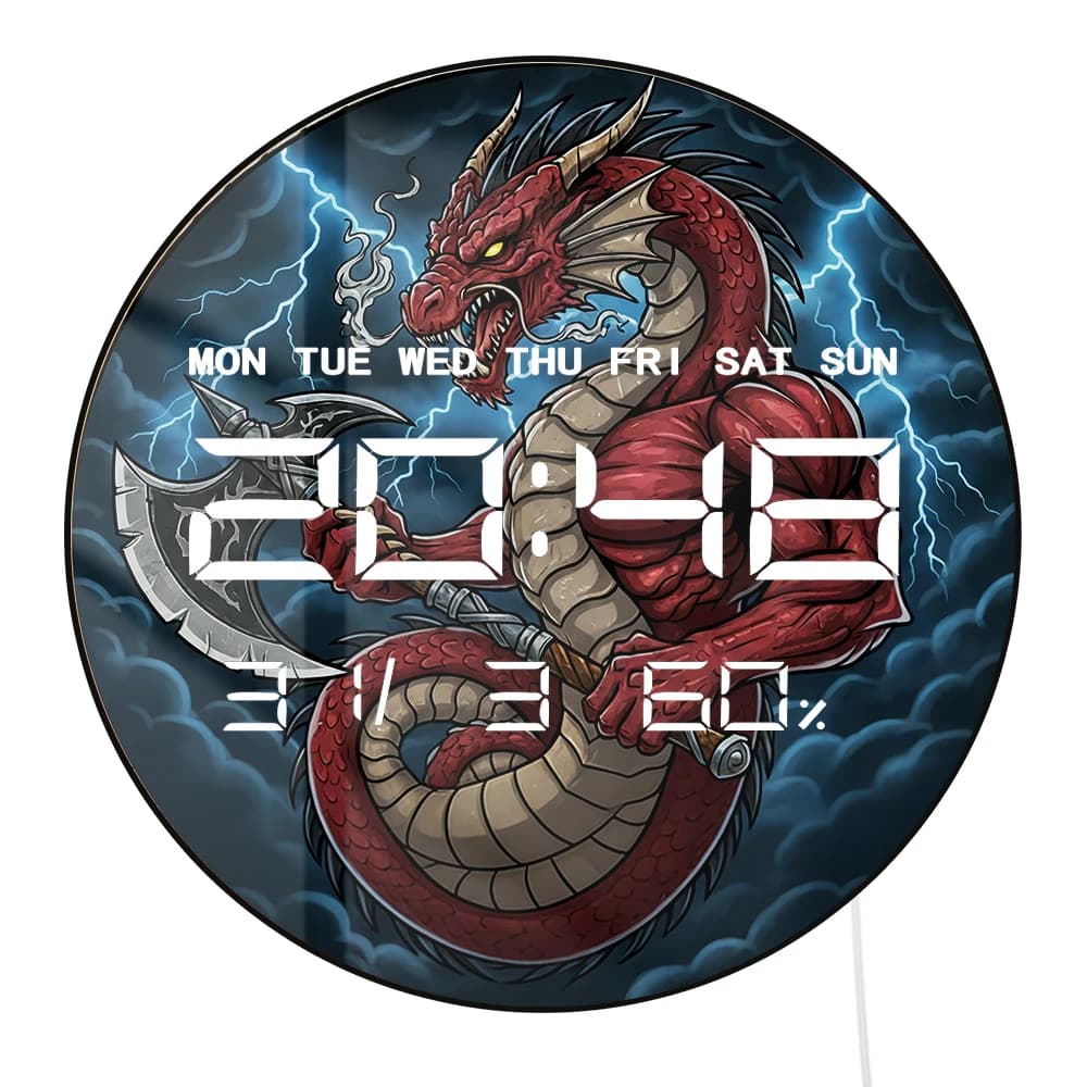 Orologio da Parete Elettronico 12/24 ore con Drago che Impugna l'Ascia, Decorazione Fantastica per la Casa, Orologio Digitale LED con Calendario, Data e Temperatura