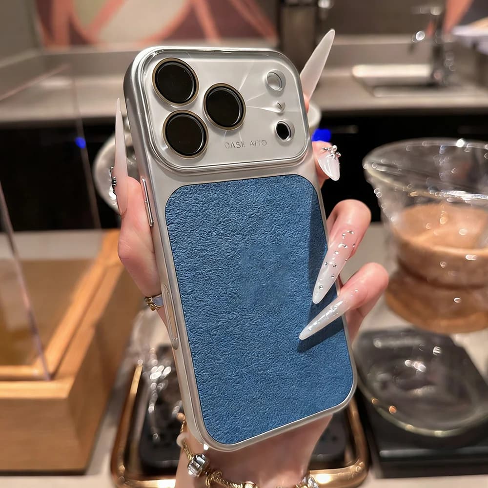 Custodia in pelle testurizzata di lusso con motivo Aurora Moon Pit per iPhone 17 16 15 14 13 Pro Max, con finestra grande per obiettivo in cristallo e finitura opaca