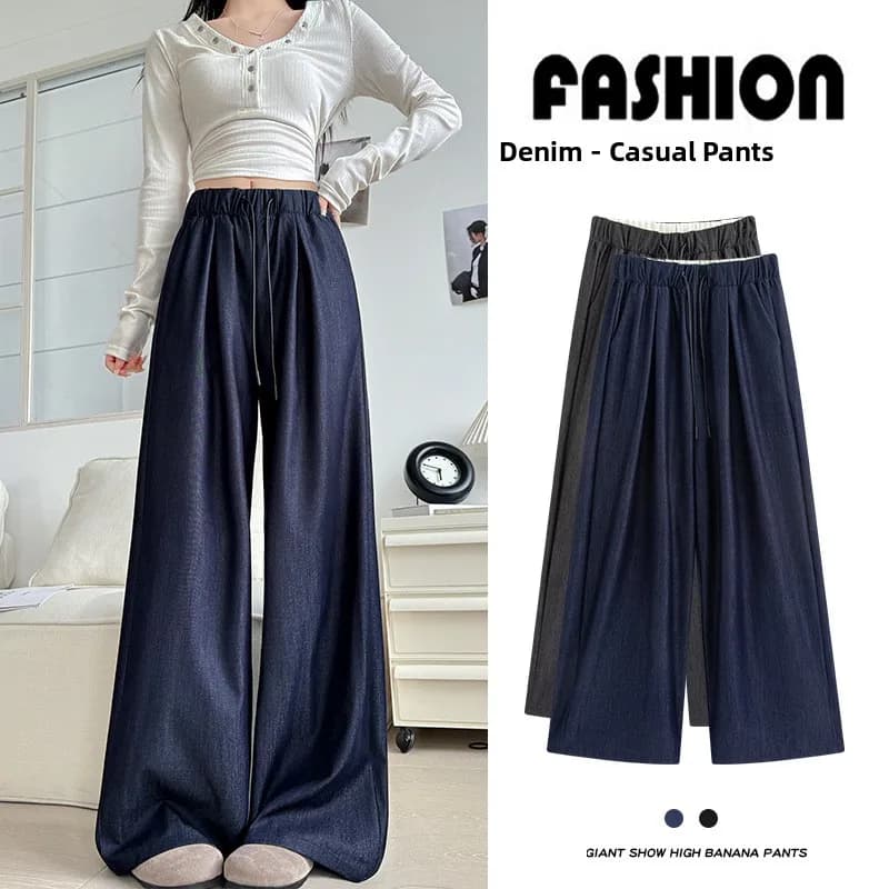 Wide Leg Jeans Women's Spring Summer New Style Drapey Waist Straight Casual Retro Lazy Long Pants No Wash Needed