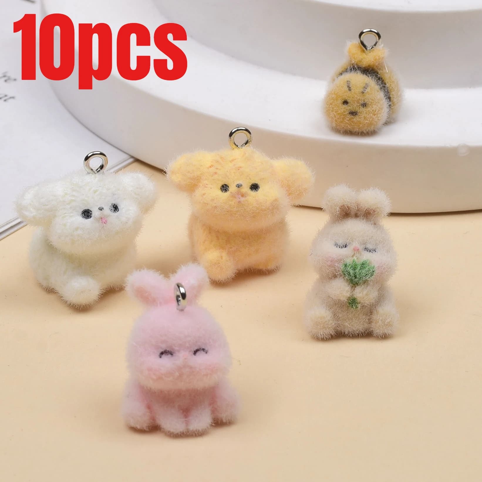 10 Pezzi Ciondoli 3D in Resina Floccata a Forma di Coniglio, Ape e Cucciolo, Simpatici Ciondoli Peluche a Cartone Animato per Portachiavi, Orecchini, Fai da Te, Artigianato e Creazione di Gioielli