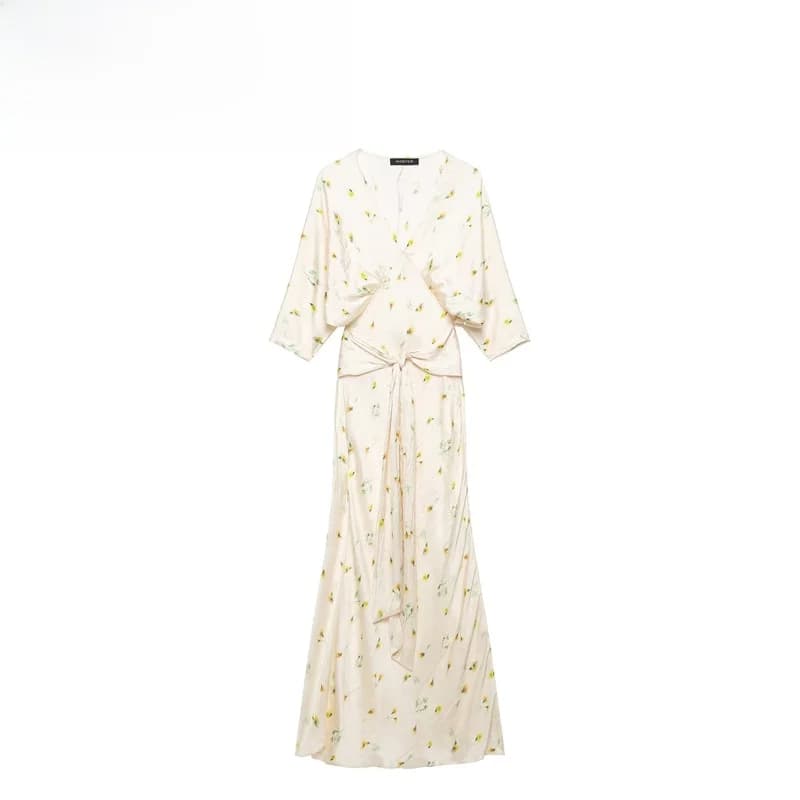 Casual Floral Print Long Dress Versatile Elegant Style Women's Fashion Dress Polyester Fiber Seven Sleeve V-neck Gown