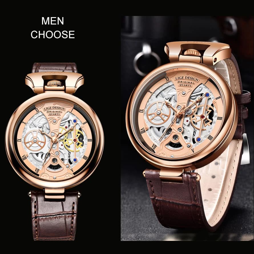 LIGE Fashion Luxury Leatner Quartz Man Watch Top Brand Creative Hollow Casual Sports waterproof watches for men Date Clock Reloj