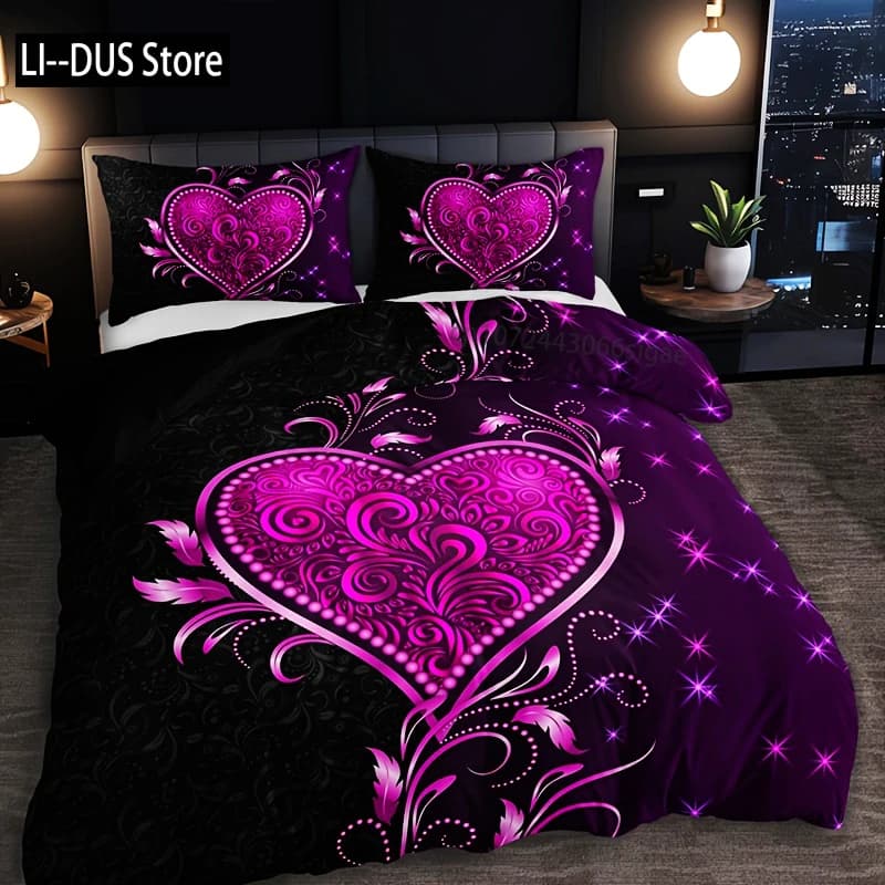 Set copripiumino con stampa floreale rosa cuore viola da 3 pezzi - 1 copripiumino 2 federe, poliestere traspirante perfetto per tutte le stagioni