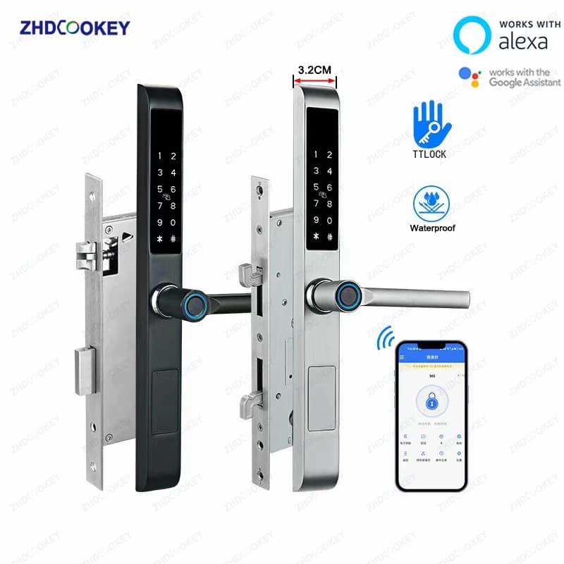 Impermeabile TTLock Smart Lock Controllo APP Password per impronte digitali Tastiera con scheda RFID Funziona con Alexa Google per porte scorrevoli in alluminio