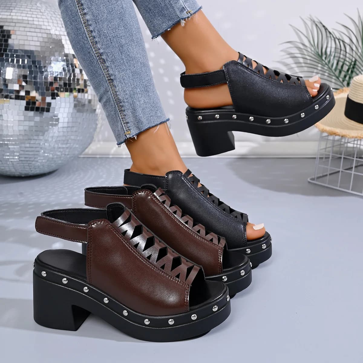Large-size chunky heel women's sandals for cross-border sale Women's round-toe buckle high-heeled sandals for women