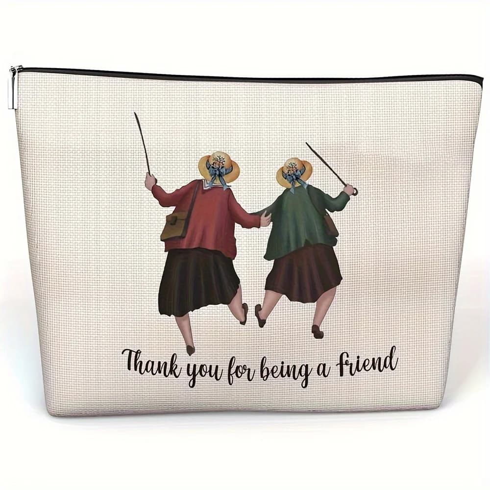 A canvas folding makeup bag with design 'Thank you for being a friend': a light travel bag with zip closure