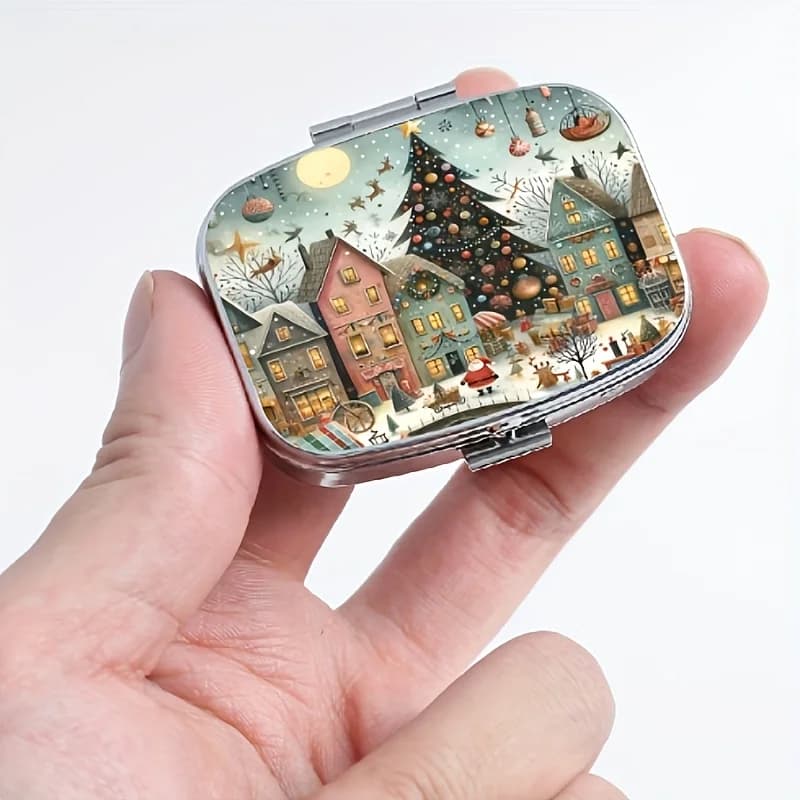 1pc Printed Christmas Tree City Pattern Metal Medicine Box -2-Grid Portable Square Medicine Storage Box, Food Grade Safe Travel Jewelry Earring Storage, Portable Pocket/Wallet Size, Unique Holiday Gift