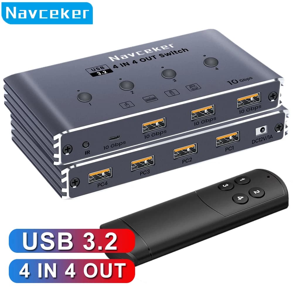 USB KVM Switch C Navceker with 4 Computer Controller, 4 USB ports Sharing 3.2 Gen 2 from 10Gbps, USB Selector for PC, Laptop and Keyboard