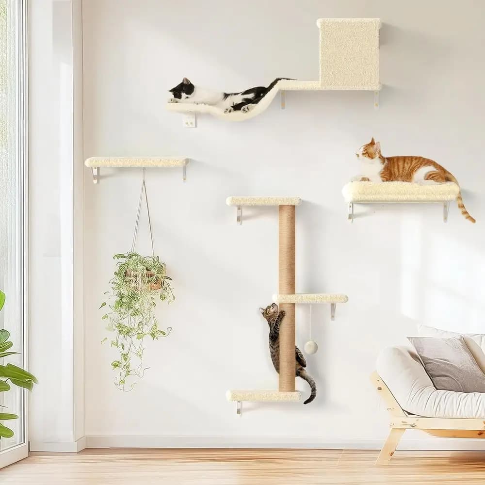 Set di Mobili da Parete per Gatti in Legno Multifunzionale con Tiragraffi, Beige