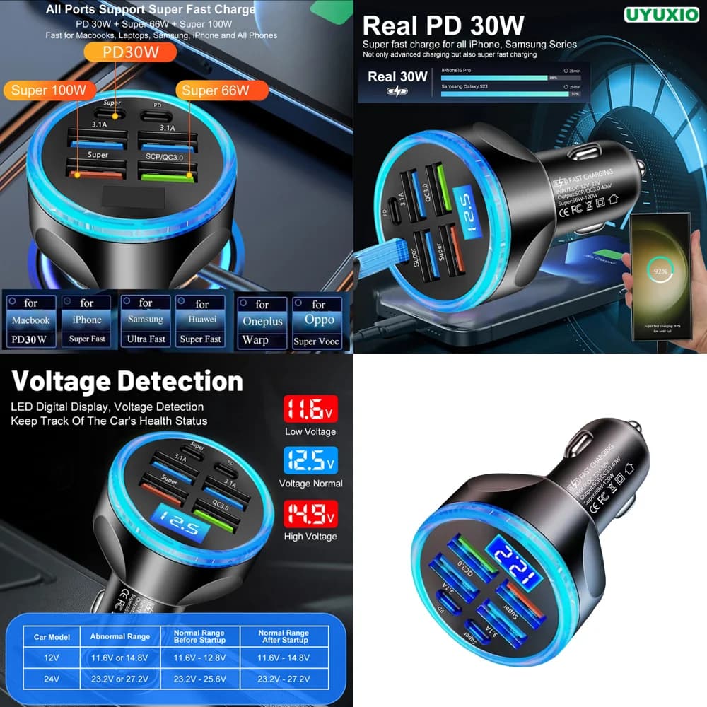 Trending Multi Port PD 30W USB C Car Charger with Volt Meter Super Fast Charge Adapter for iPhone Samsung Dropshipping Products