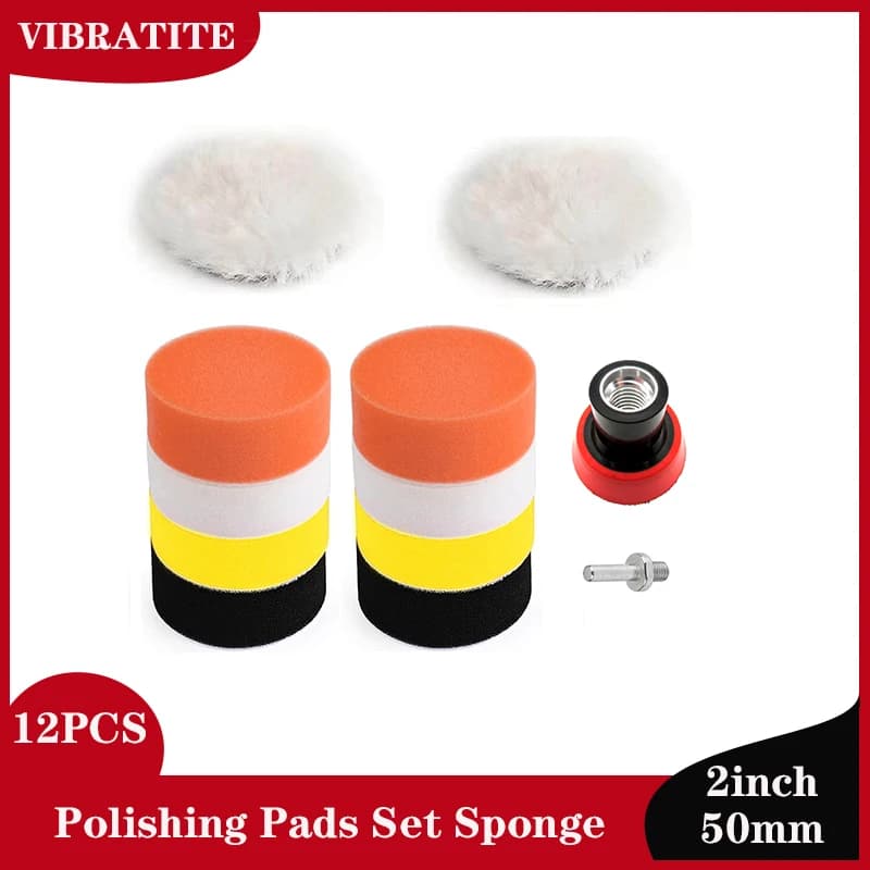 Kit tampone in spugna per lucidatura dettagli da 12 pezzi da 2 pollici con tampone in lana, tampone abrasivo e tampone tampone con gambo filettato M14 per lucidatura e ceratura auto
