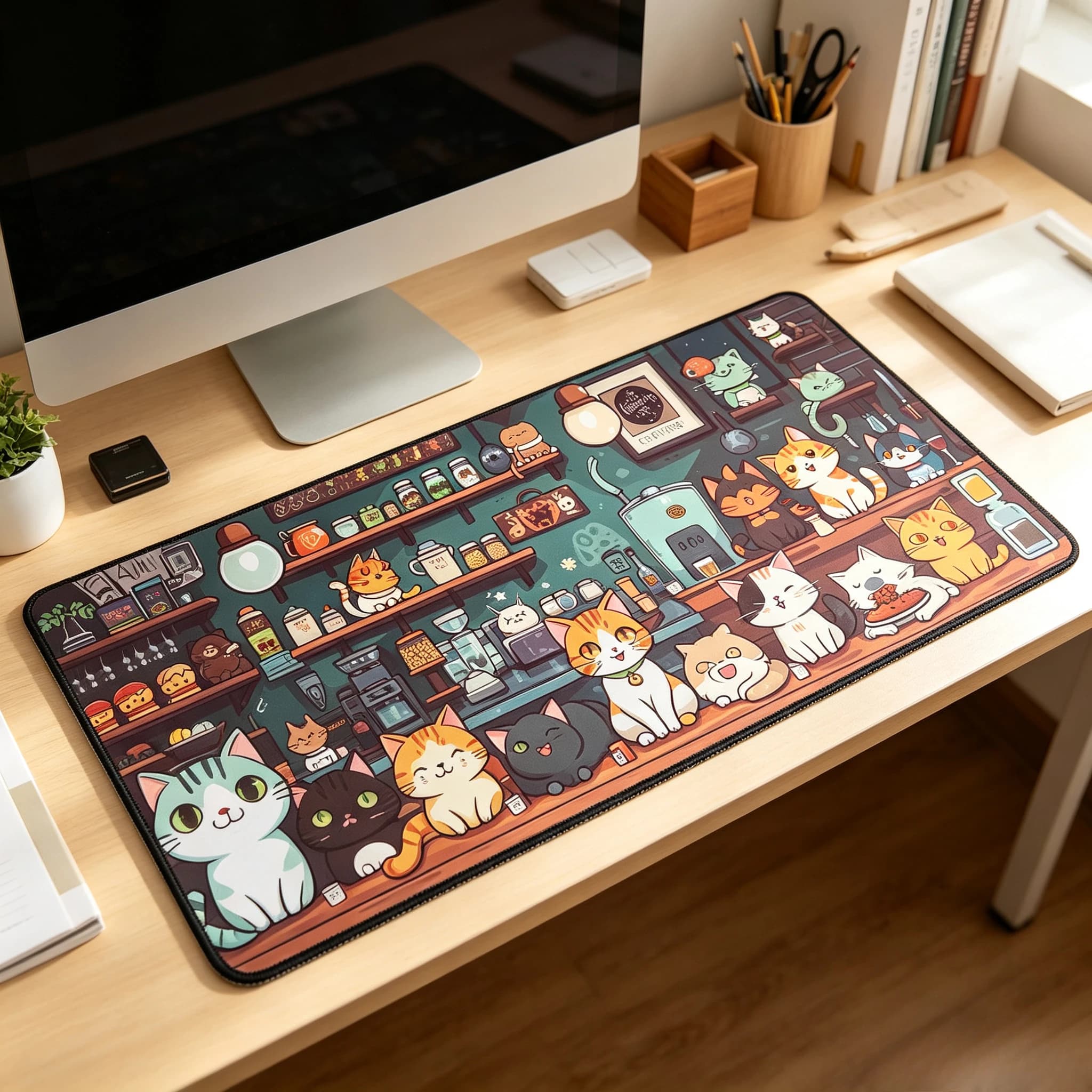 Large Gaming Mouse Pad Coffee Shop Pattern Mousepad Anti-Slip Rubber XXL Deskmat Office Desk Accessories Stitched Edges Game Mat