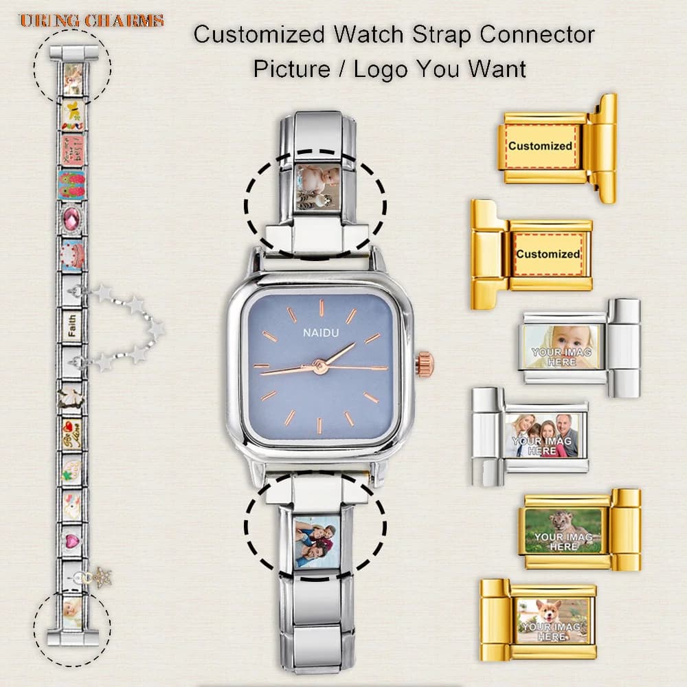 1 paio di connettori per cinturino per orologio personalizzati con logo con immagine, adatti per ciondoli italiani da 9 mm, accessori per gioielli fai da te per regali per uomini e donne