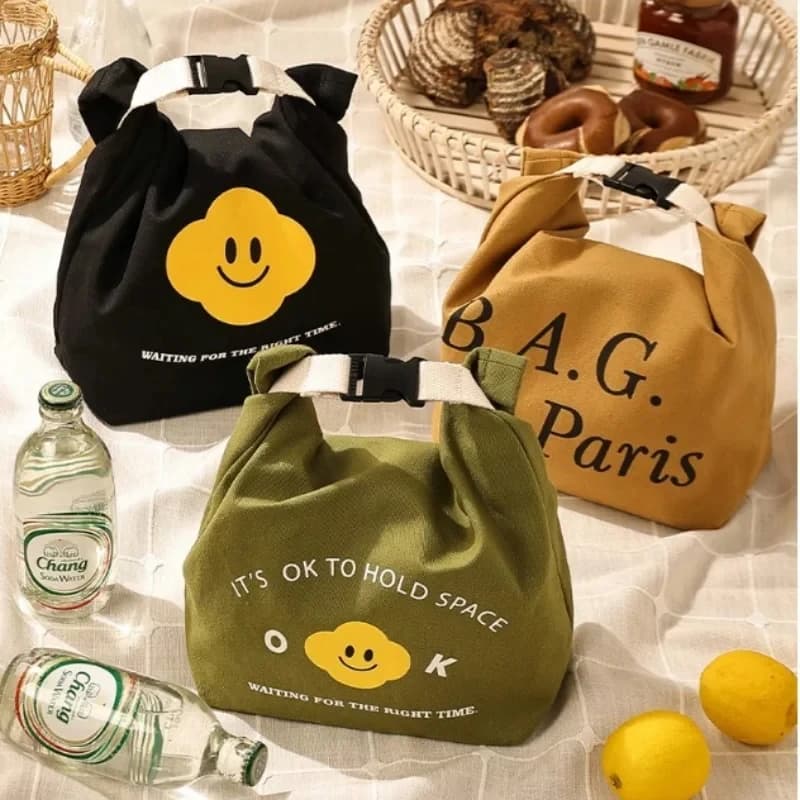 Simpatica borsa per il pranzo con faccia sorridente, borsa per pasti isolata, manico allargato, riutilizzabile, regolabile per lavoro, scuola, picnic, campeggio, uffici, viaggi