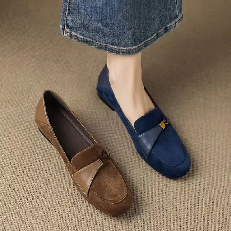 Scarpe Mocassino Vintage da Donna con Fibbia Metallica, in Pelle Scamosciata, Casual, Comode per l'Ufficio e l'Uso Quotidiano