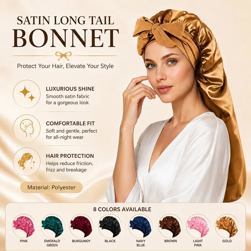 Women Satin Long Tail Bonnet with Bow High Elastic Large Sleeping Cap Hair Protection Night Head Wrap for Curly Braided Hair