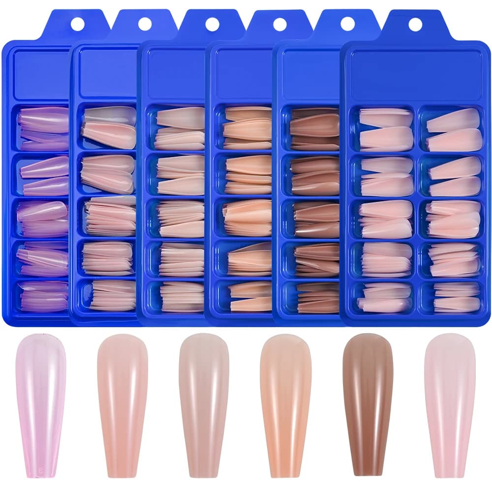 100 pz. Unghie Finte a Cofanetto, Copertura Completa, Unghie Finte a Pressione, Punte per Estensione, Unghie Artificiali Nude Lunghe a Ballerina