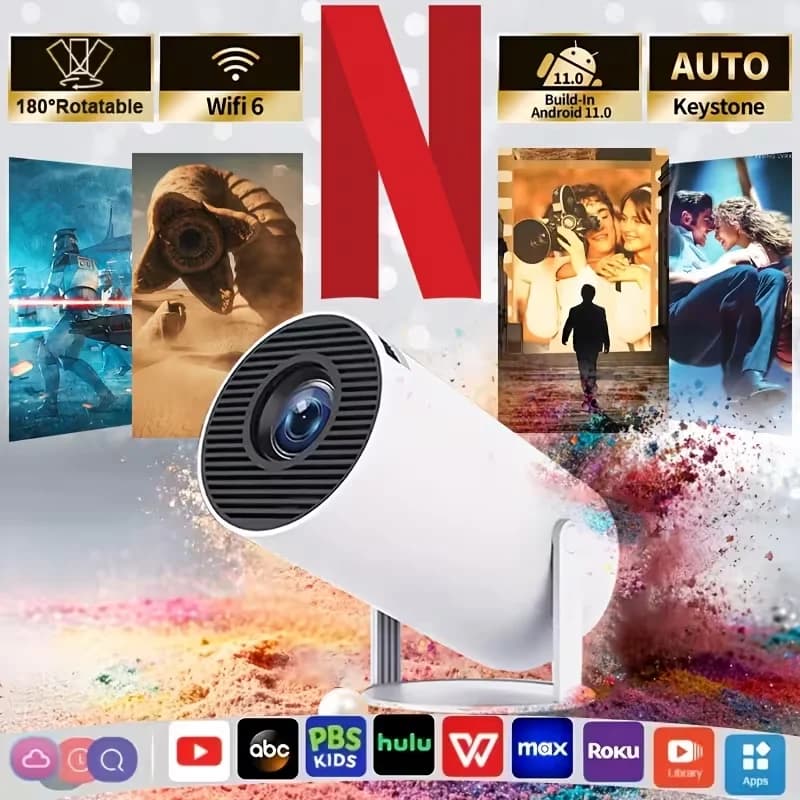 Proiettore portatile HY300, 720P nativo, WiFi 6 dual-band, Android 11, 180 ° Proiettore video con schermo ruotabile, correzione automatica della distorsione trapezoidale