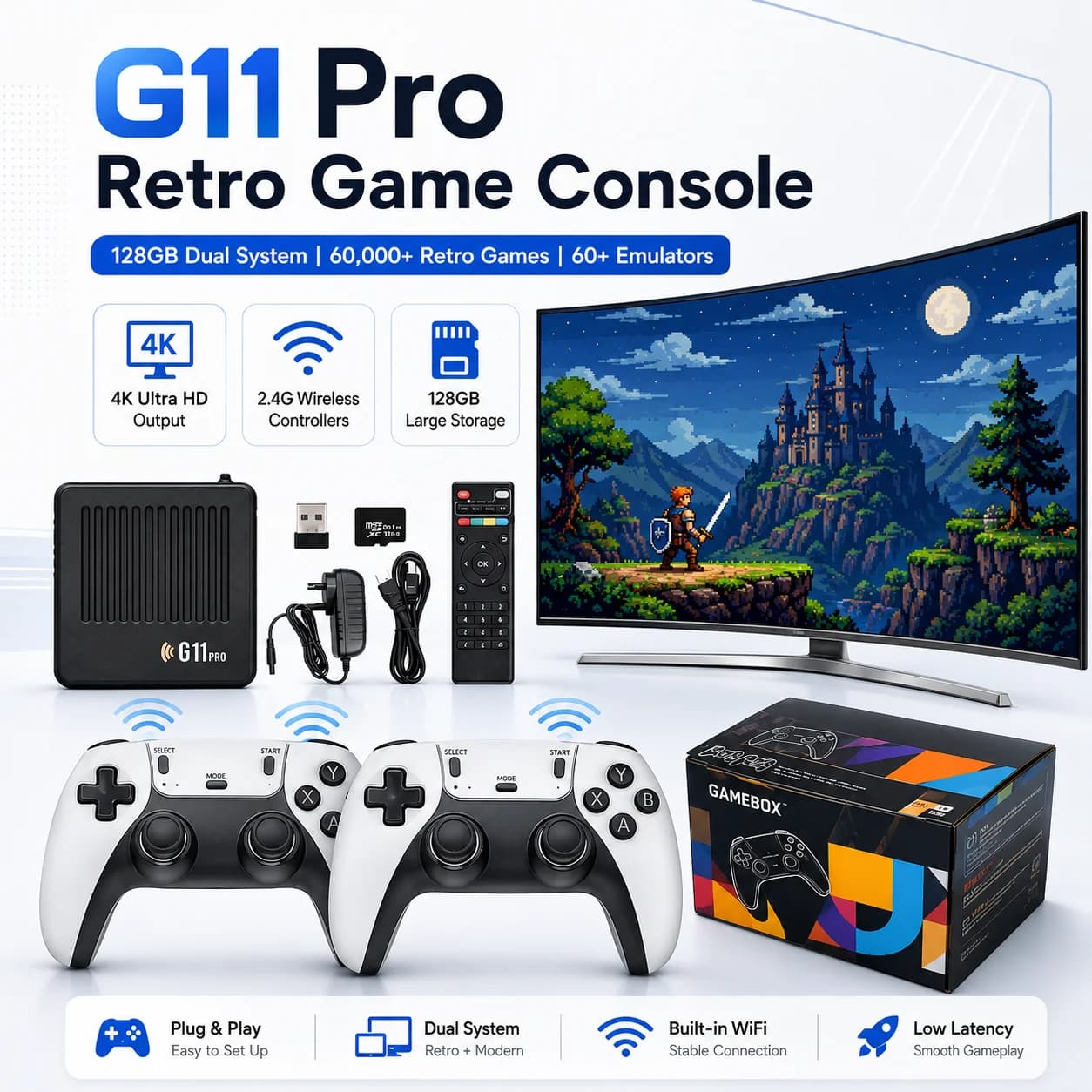 G11 Pro Game Box Dual System 4K HD Retro Game Console 2.4G Wireless Controller, Plug And Play Video Game Player Support Multiple