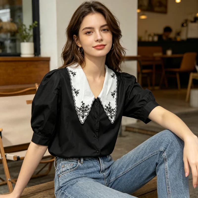 New Fashion Women's Embroidered Lapel Cardigan Lantern Short-sleeved Shirt Elegant Black Retro Loose Button Casual Blouse