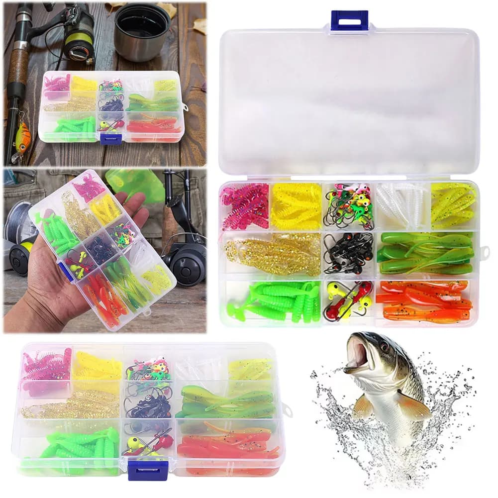 115pcs T Tail Soft Bait Set with Fishing Jig Hook Fishing Lure Accessories Set Soft Fishing Lure Tackle Box