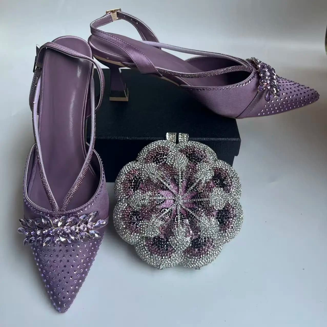 LNATISNOVA Scarpe con tacco slingback con strass viola per donna, eleganti scarpe da sera per feste nuziali
