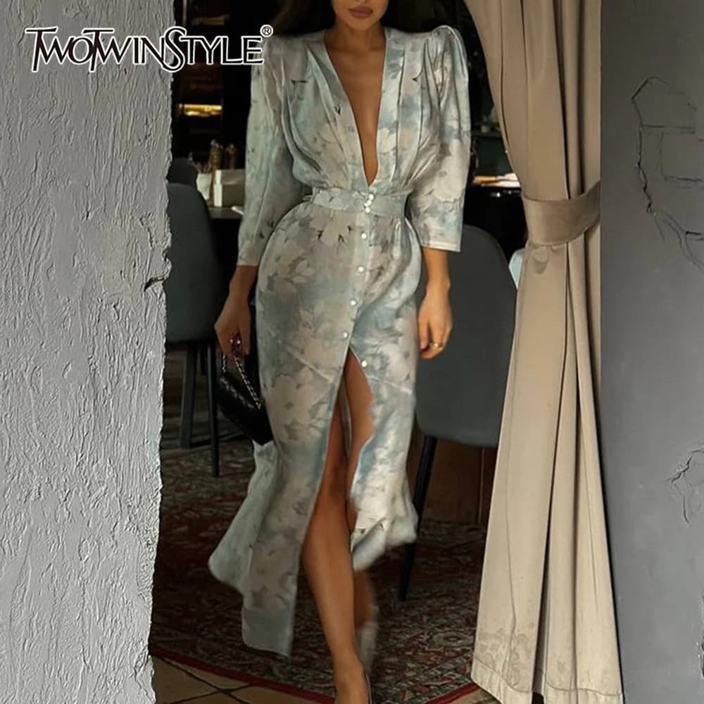 TWOTWINSTYLE Abiti con stampa vintage per donna Collo profondo Spalline Maniche al polso Vita alta Temperamento Abito longuette Donna