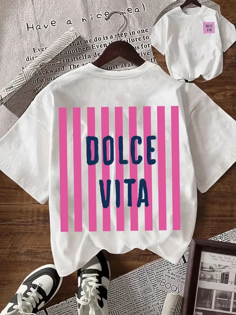 T-Shirt da Donna Dolce Vita con Stampa Grafica a Righe, Top Casual a Maniche Corte con Collo Tondo, Trendy con Slogan Italiano, Maglietta Estiva Streetwear
